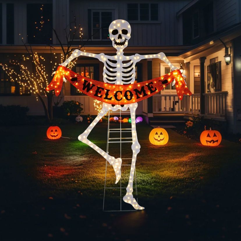86.25"H Lighted Halloween 2D Skeleton Outdoor Décor with 220 warm White LED Lights （KD）