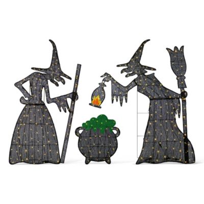 Glitzhome Set of 3 Lighted Halloween 2.5D Witches with Cauldron Outdoor Décor with 340 Warm White LED Lights （KD）