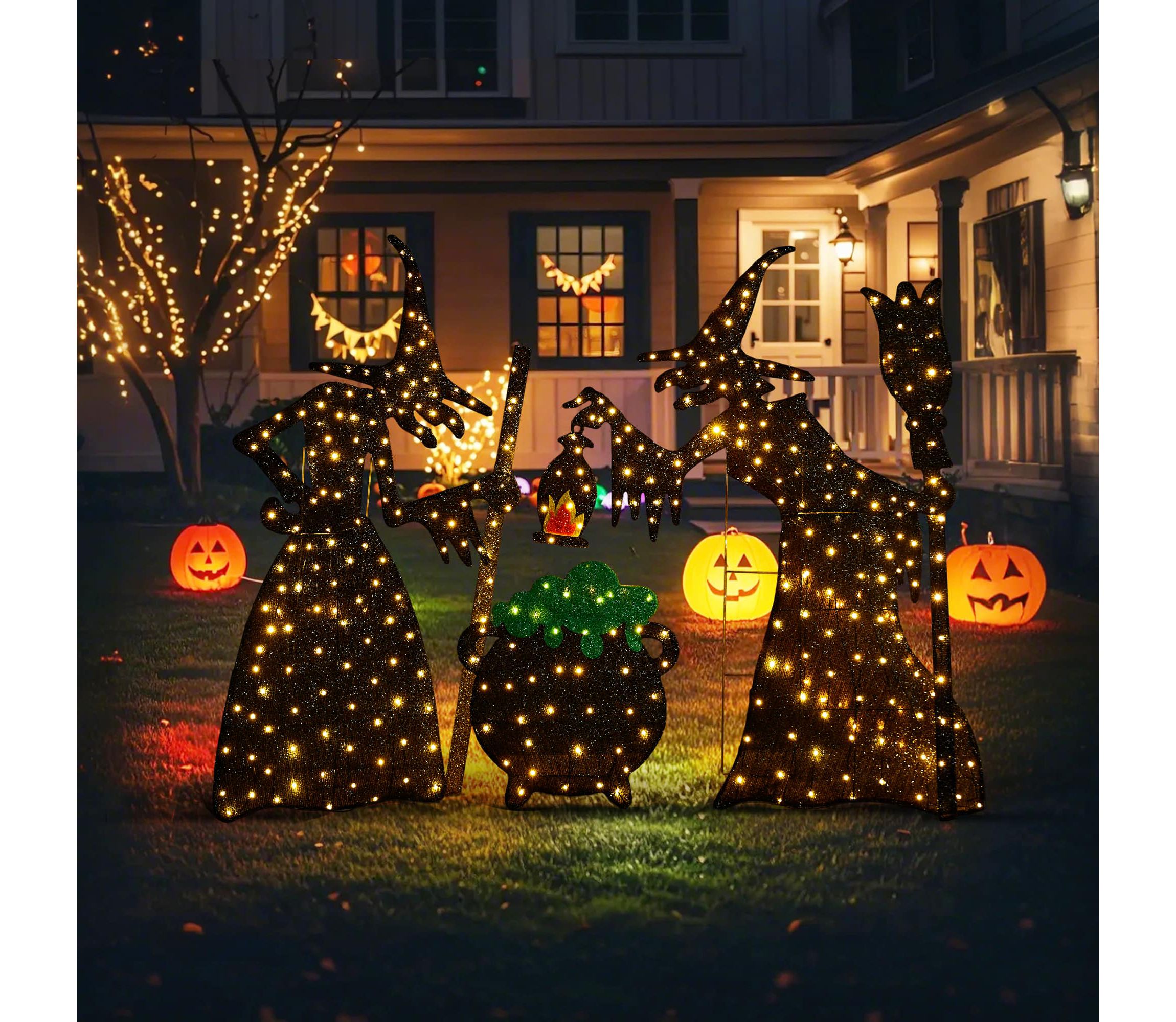 Set of 3  Lighted  Halloween 2.5D Witches with Cauldron Outdoor Décor with 340 Warm White LED Lights （KD���
