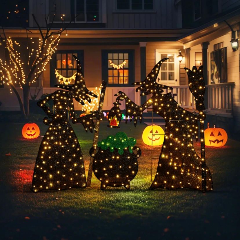 Set of 3  Lighted  Halloween 2.5D Witches with Cauldron Outdoor Décor with 340 Warm White LED Lights （KD���