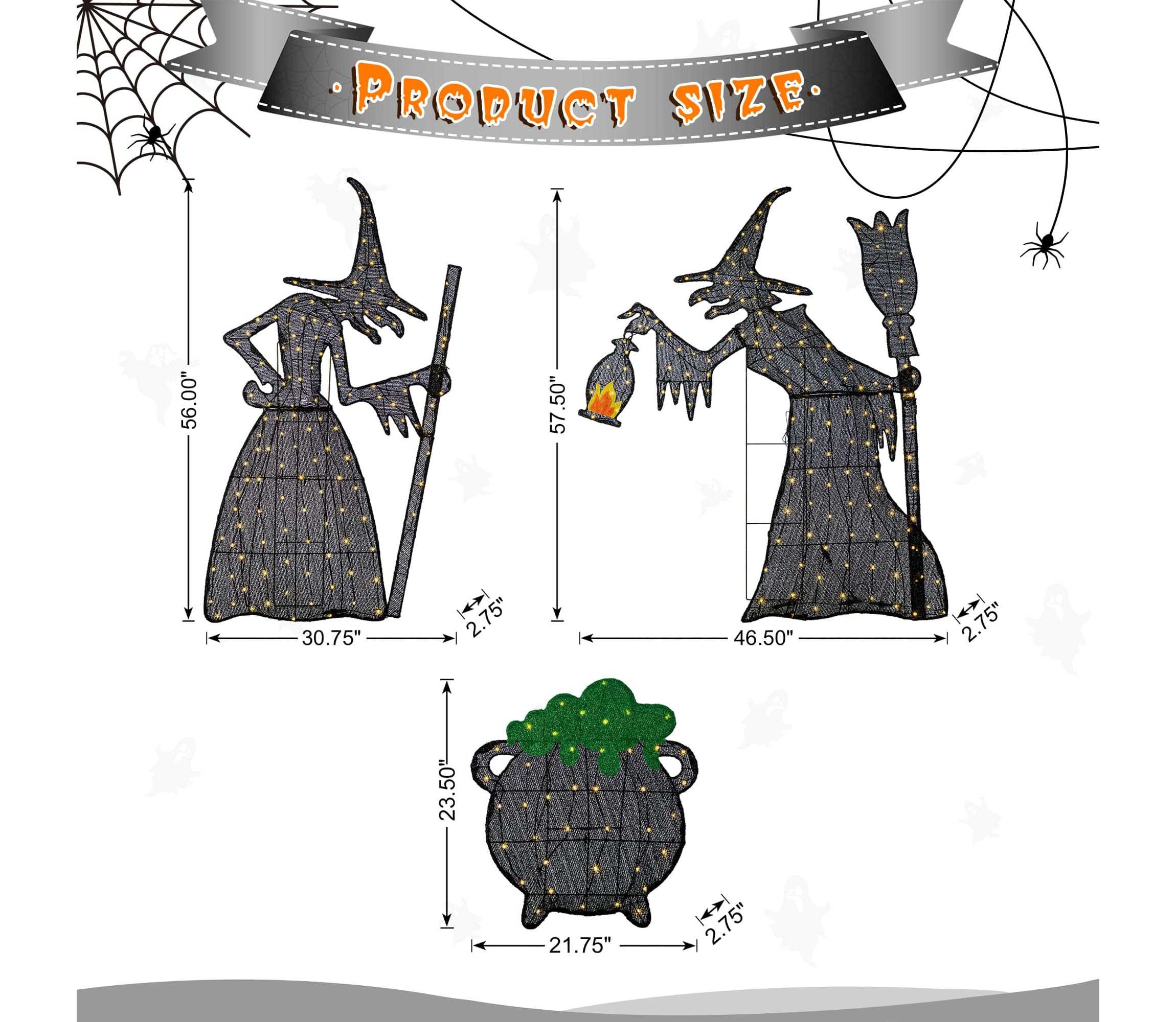 Set of 3  Lighted  Halloween 2.5D Witches with Cauldron Outdoor Décor with 340 Warm White LED Lights （KD���