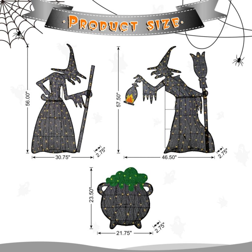 Set of 3  Lighted  Halloween 2.5D Witches with Cauldron Outdoor Décor with 340 Warm White LED Lights （KD���