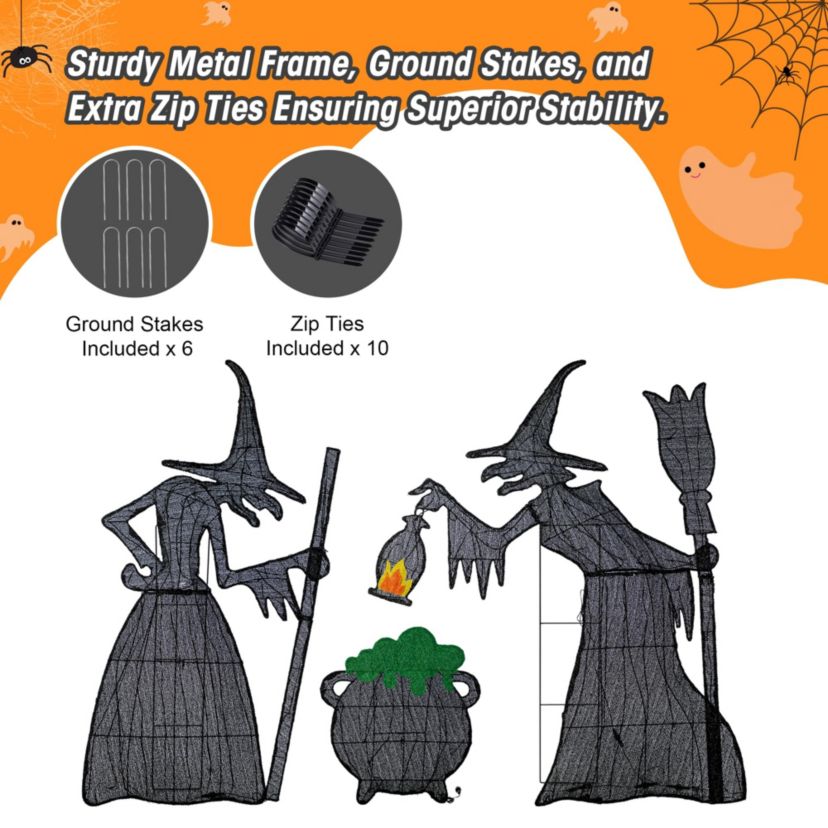 Set of 3  Lighted  Halloween 2.5D Witches with Cauldron Outdoor Décor with 340 Warm White LED Lights （KD���
