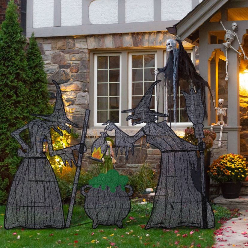 Set of 3  Lighted  Halloween 2.5D Witches with Cauldron Outdoor Décor with 340 Warm White LED Lights （KD���