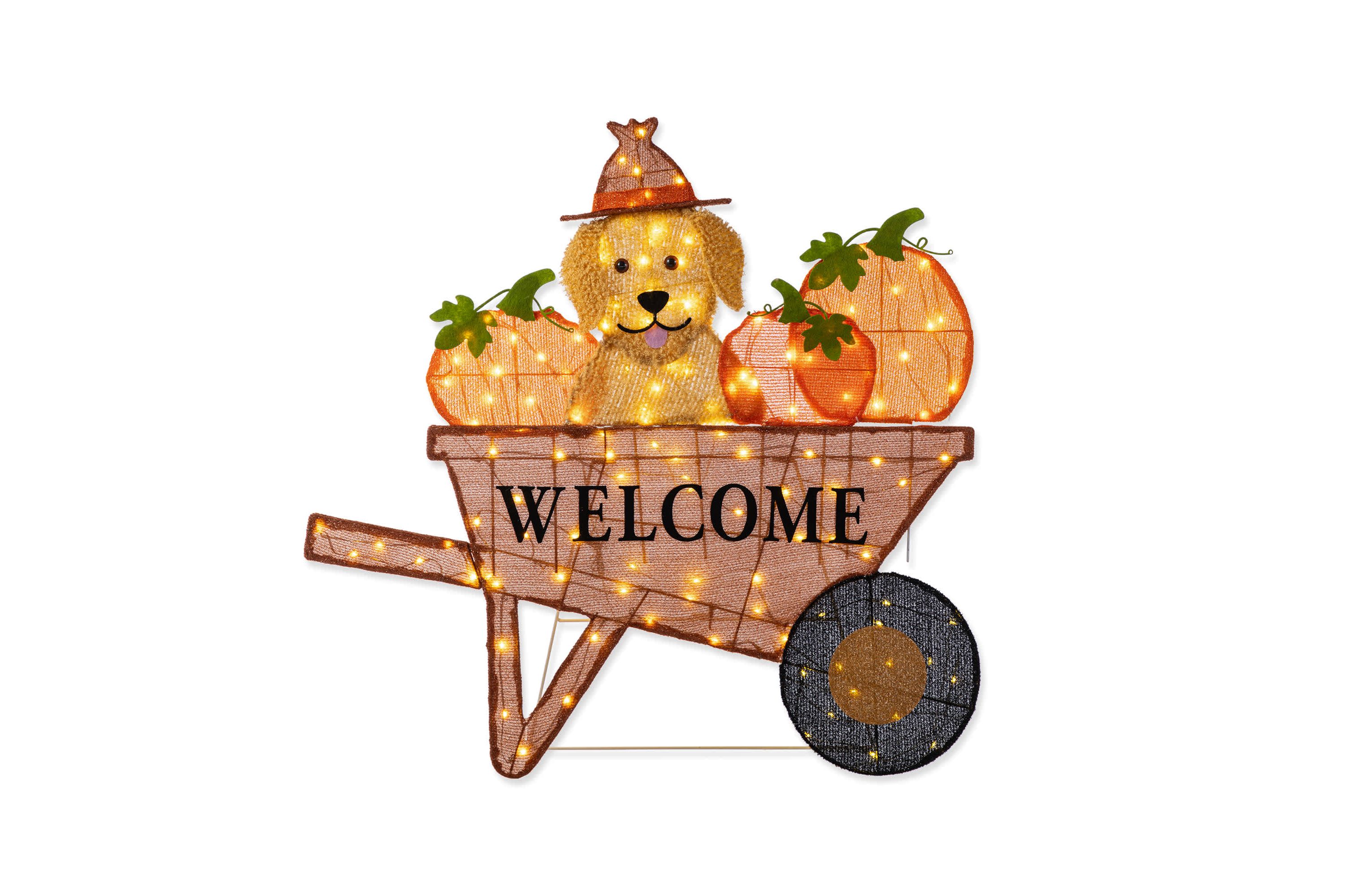 36.25“L Lighted Fall  Pumpkin Wheel Barrow with Labrador Outdoor Décor with 130 Warm White LED Lights （KD）