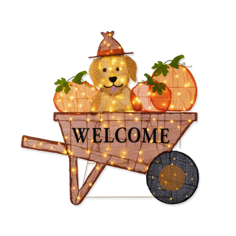 36.25“L Lighted Fall  Pumpkin Wheel Barrow with Labrador Outdoor Décor with 130 Warm White LED Lights （KD）