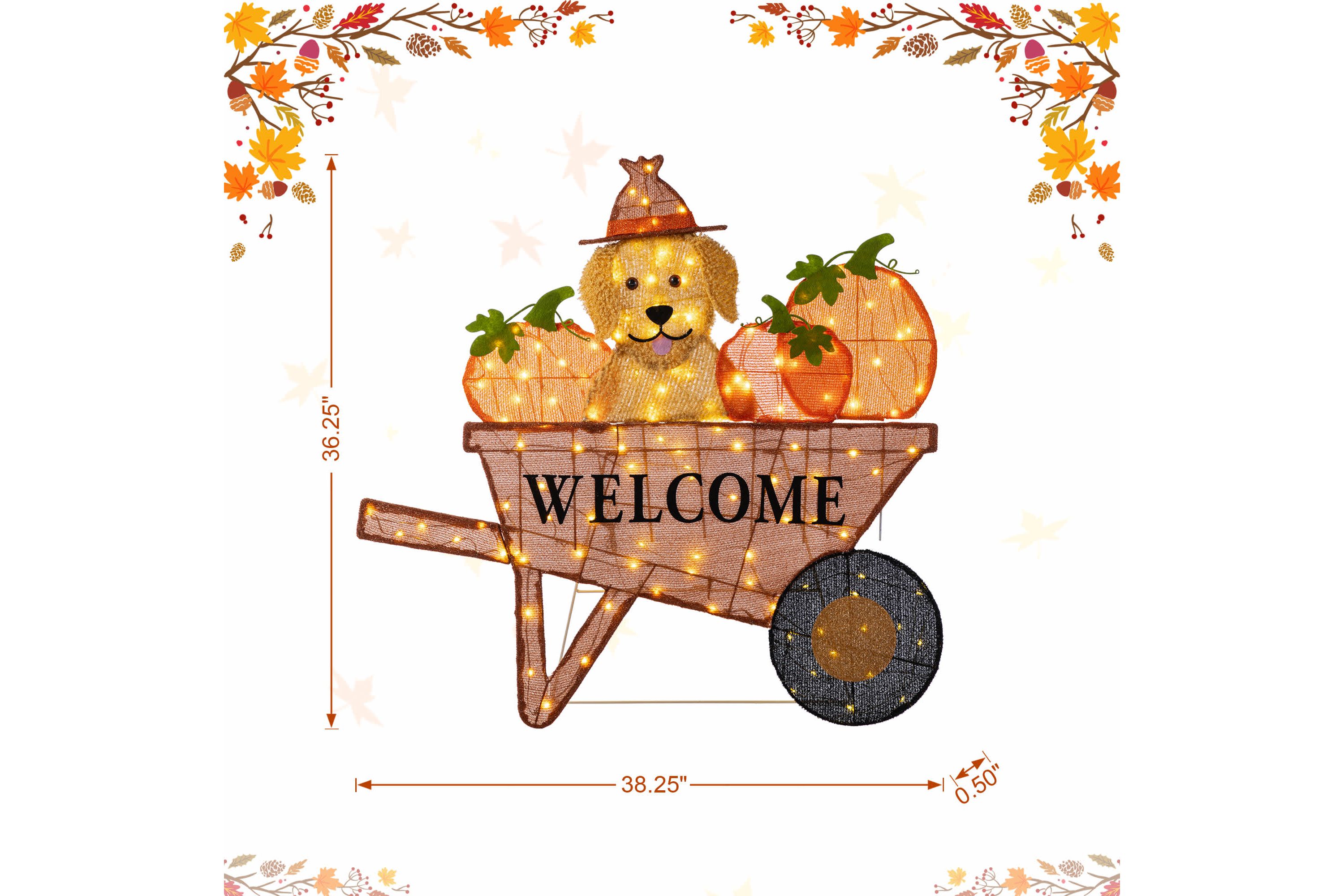 36.25“L Lighted Fall  Pumpkin Wheel Barrow with Labrador Outdoor Décor with 130 Warm White LED Lights （KD）