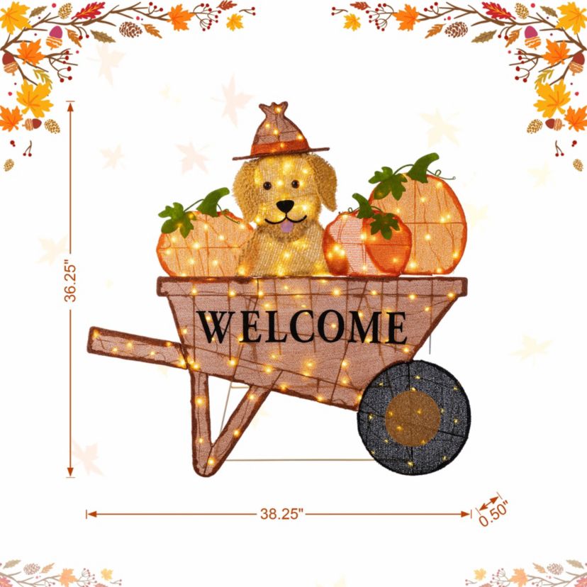 36.25“L Lighted Fall  Pumpkin Wheel Barrow with Labrador Outdoor Décor with 130 Warm White LED Lights （KD）