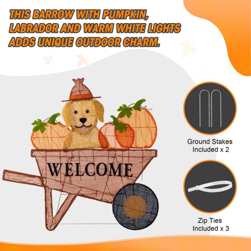 36.25“L Lighted Fall  Pumpkin Wheel Barrow with Labrador Outdoor Décor with 130 Warm White LED Lights （KD）