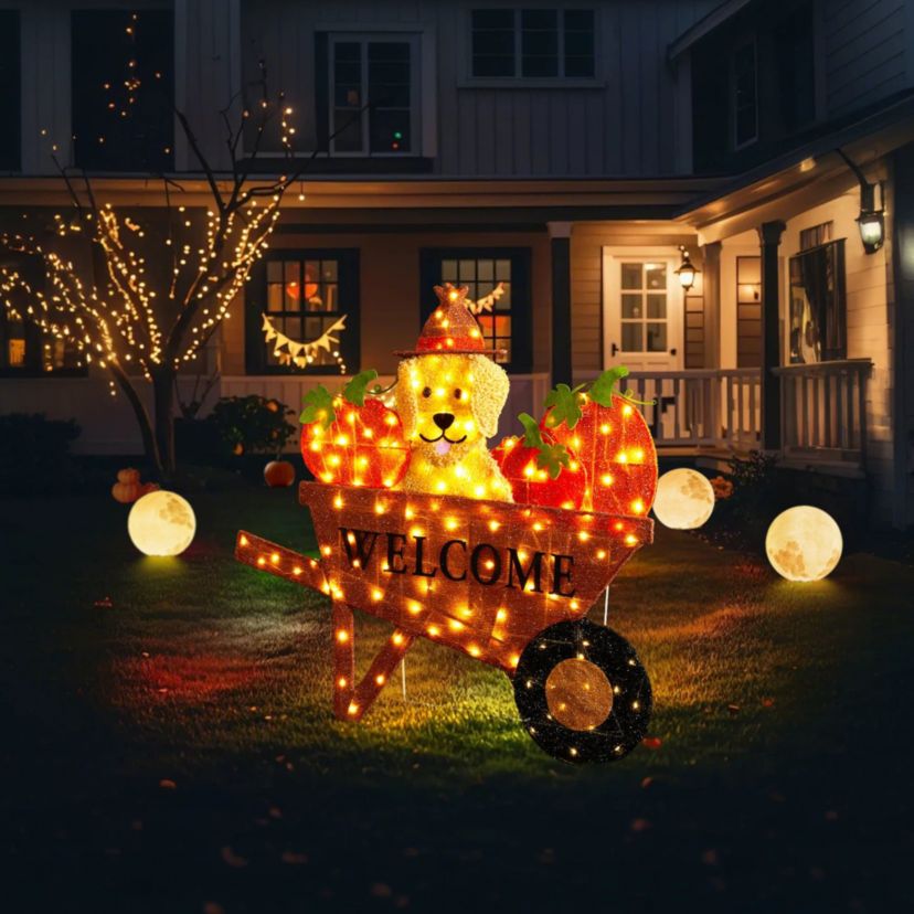 36.25“L Lighted Fall  Pumpkin Wheel Barrow with Labrador Outdoor Décor with 130 Warm White LED Lights （KD）