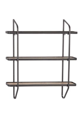 32 in x 33.5 in Large Rectangular Silver Metal and Wood 3 Tier Wall Shelf