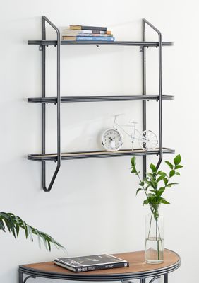 32 in x 33.5 in Large Rectangular Silver Metal and Wood 3 Tier Wall Shelf