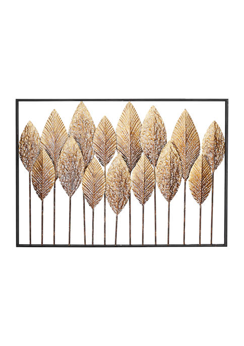 Large, Rectangular Whitewashed Gold Leaves Metal Wall Décor