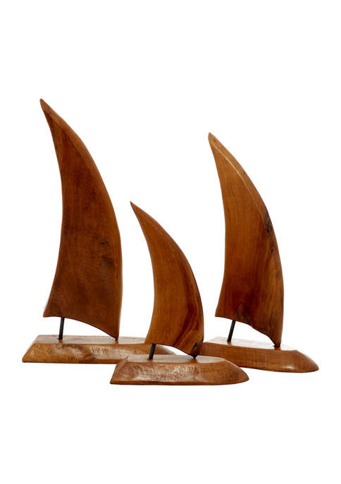 Teak Wood Sail Boat Sculpture - Set of 3