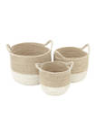 Large Round Natural & White Dip-Dyed Seagrass Baskets with Handles & White Metal Cording