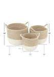 Large Round Natural & White Dip-Dyed Seagrass Baskets with Handles & White Metal Cording