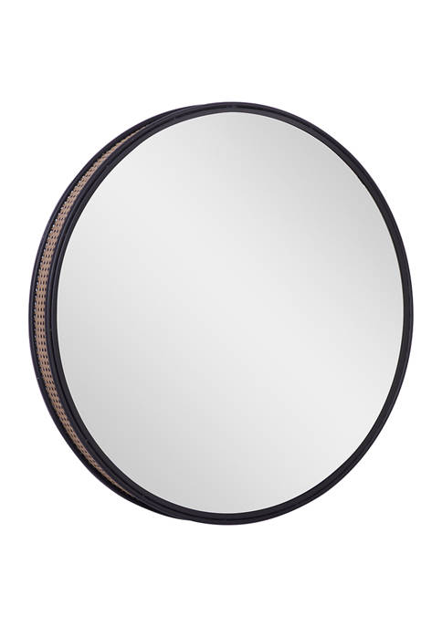 Round Black Metal Wall Mirror With Faux Wicker Caning Side Detail, 31.5 in x  31.5 in