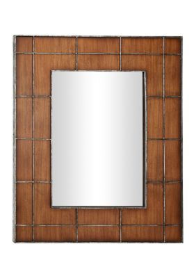 Monroe Lane Large Rectangular Golden Brown Wood Wall Mirror with Metal Grid Overlay, 36 in x 44 in