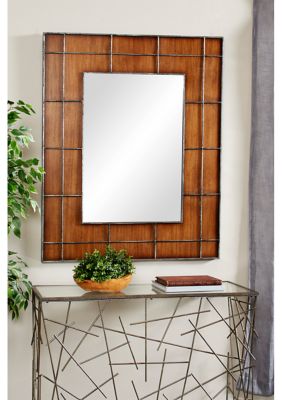 Large Rectangular Golden Brown Wood Wall Mirror with Metal Grid Overlay, 36 in x 44 in 