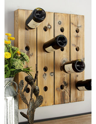 Brown MyGift Industrial Style Wall-Mounted Wood 5-Wine Bottle Rack with 4-Stemware Holder 