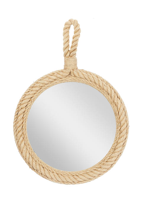 Round Brown Wooden Wall Mirror, Mirror With Rope Around It