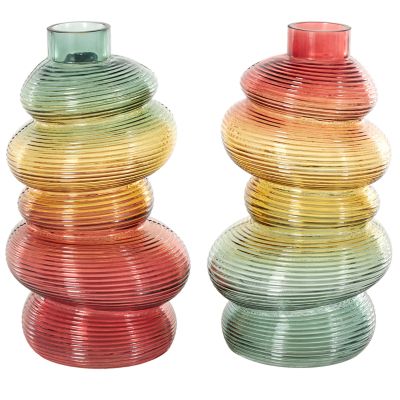 Monroe Lane Eclectic Glass Ribbed Stacked Stones Decorative Vase with Color Blocks â Set of 2