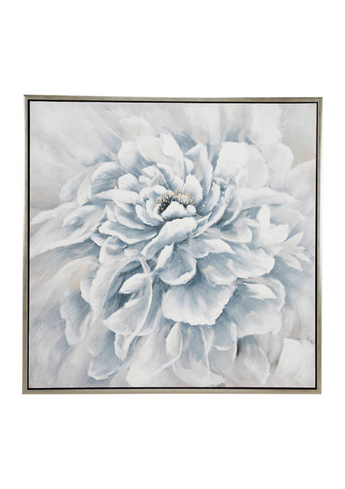 39.5 Inch Large Square Blue and White Peony Flower Acrylic Painting in Silver Frame