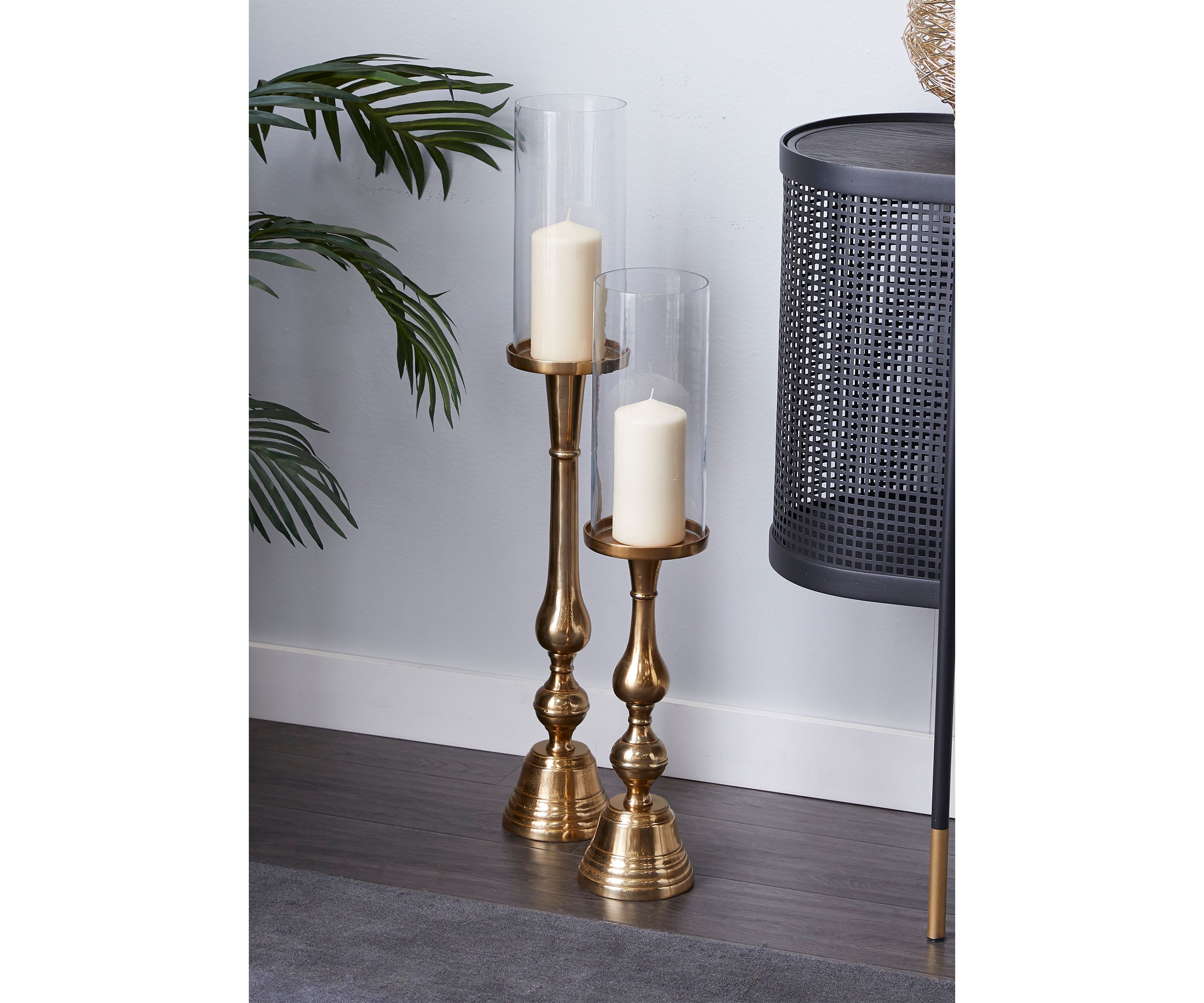 Traditional Aluminum Metal Hurricane Lamp - Set of 2