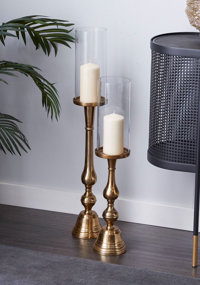 Traditional Aluminum Metal Hurricane Lamp - Set of 2