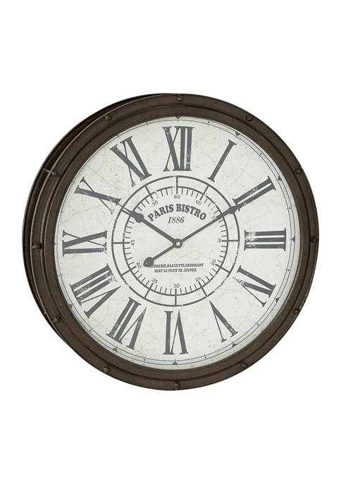 Large Round Dark Brown Metal Wall Clock with Roman Numerals