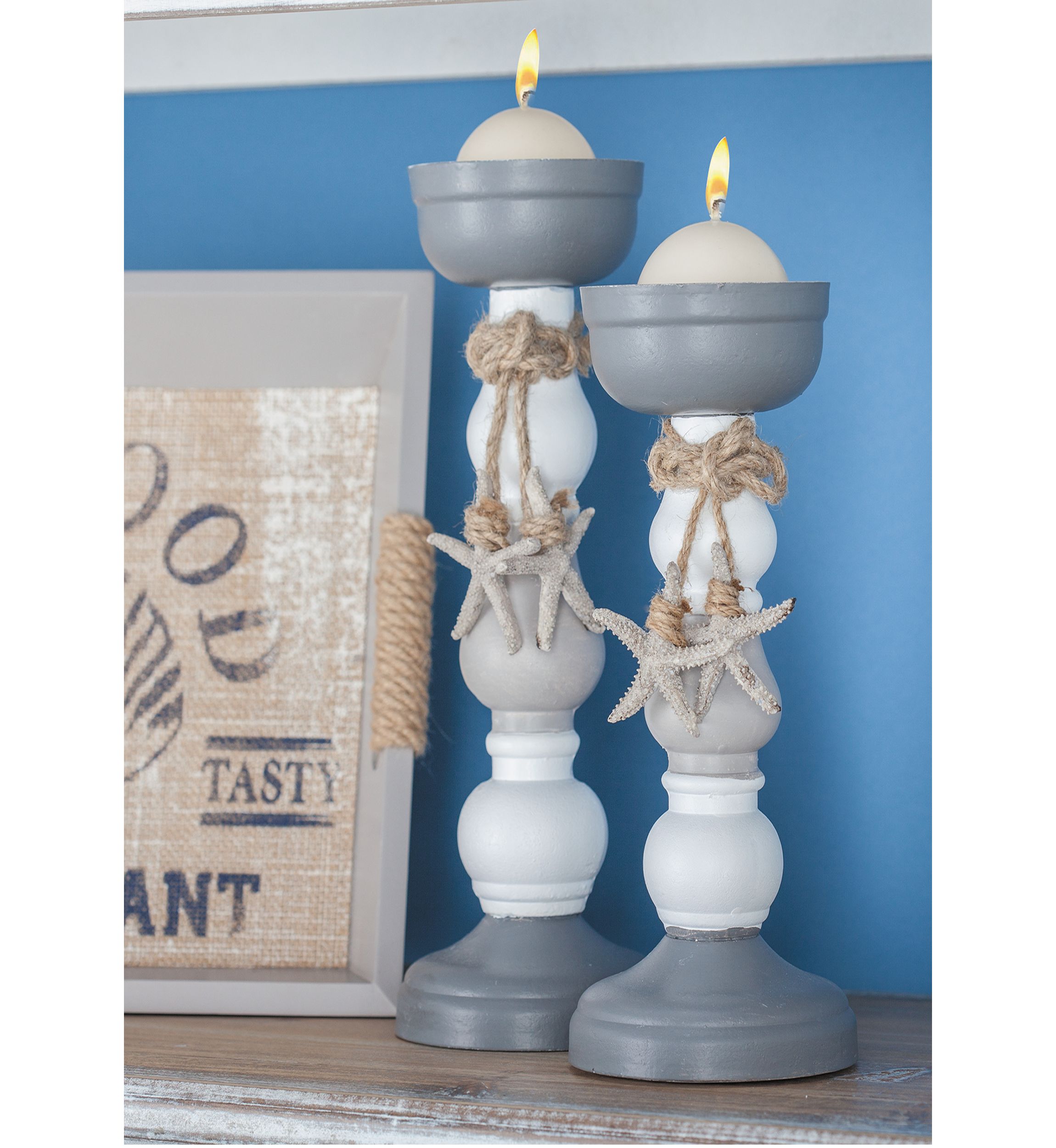 Wood Coastal Candle Holder  Set of 2