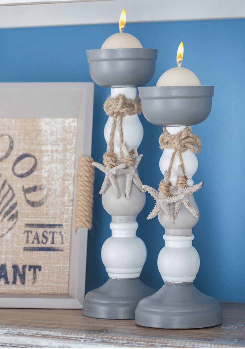 Wood Coastal Candle Holder  Set of 2