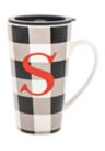 Monogram S Black White Buffalo Plaid Mug with Lid 