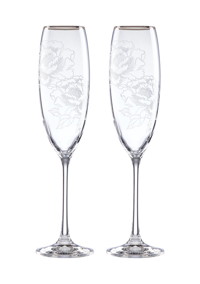 Silver Peony Toasting Flutes - Set of 2 