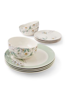 ONEIDA Botanica 12 Piece Dinnerware Set, Green, 12 Piece Set