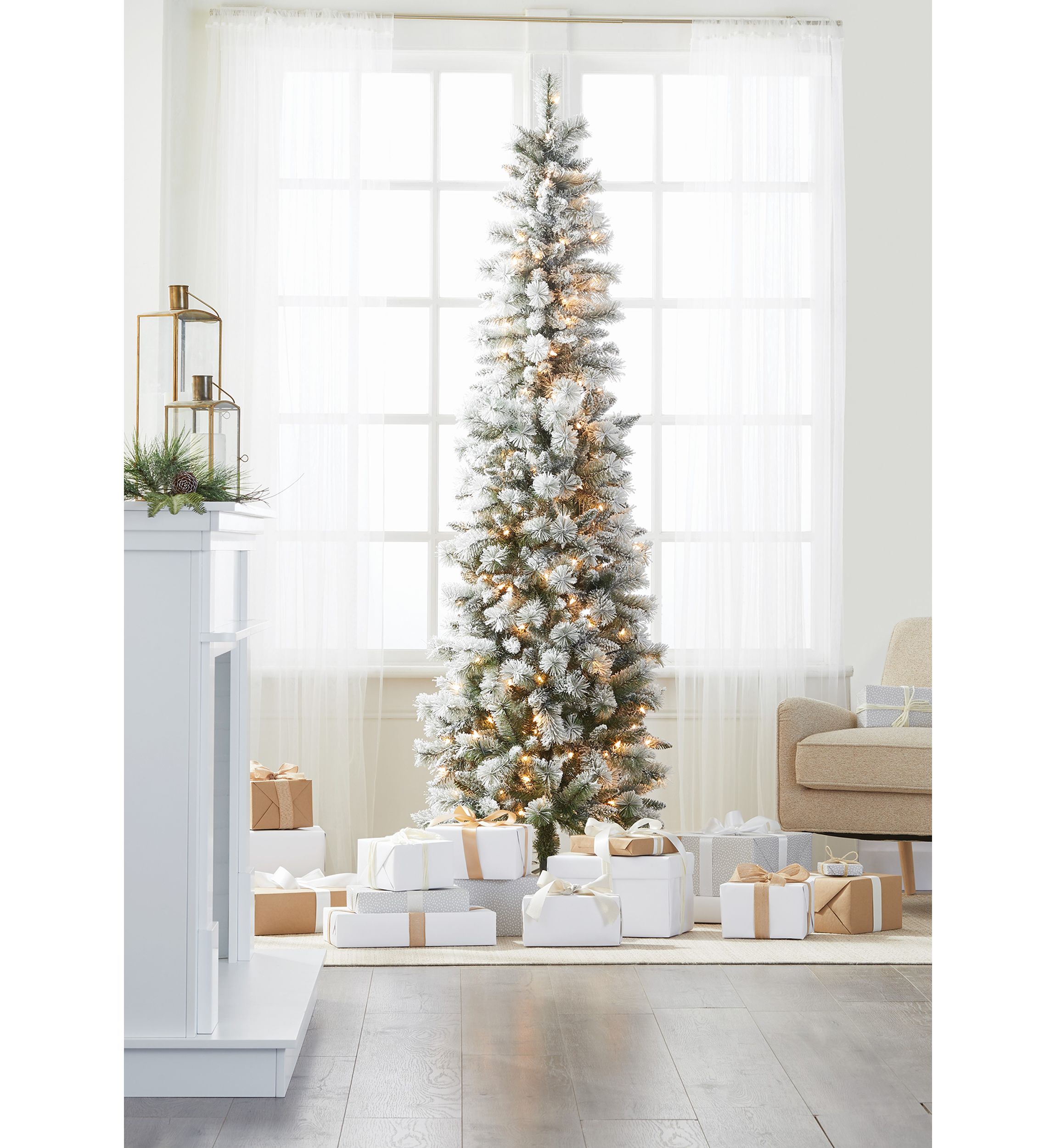 7.5 Foot Pre Lit Flocked Pencil Christmas Tree