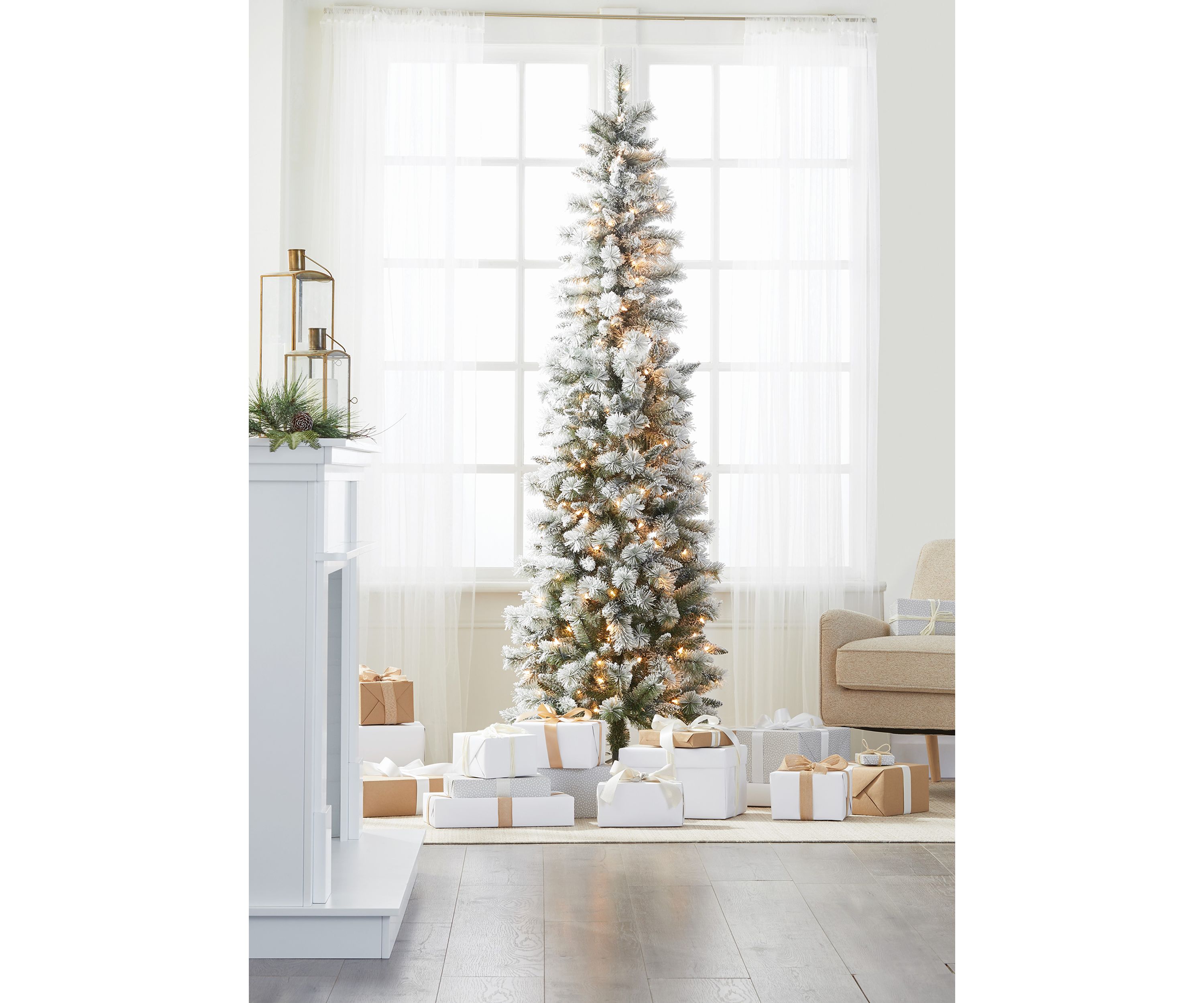7.5 Foot Pre Lit Flocked Pencil Christmas Tree