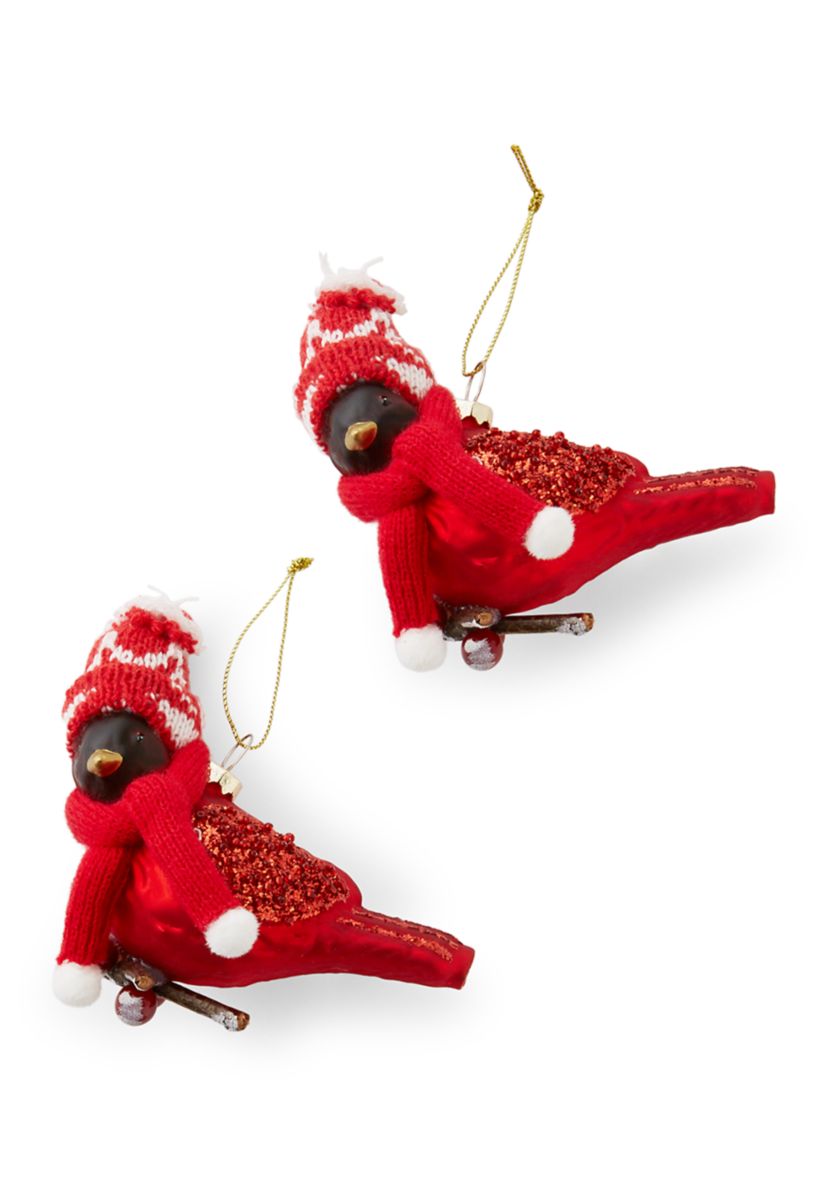 Set of 2 Cardinal With Scarf Ornaments