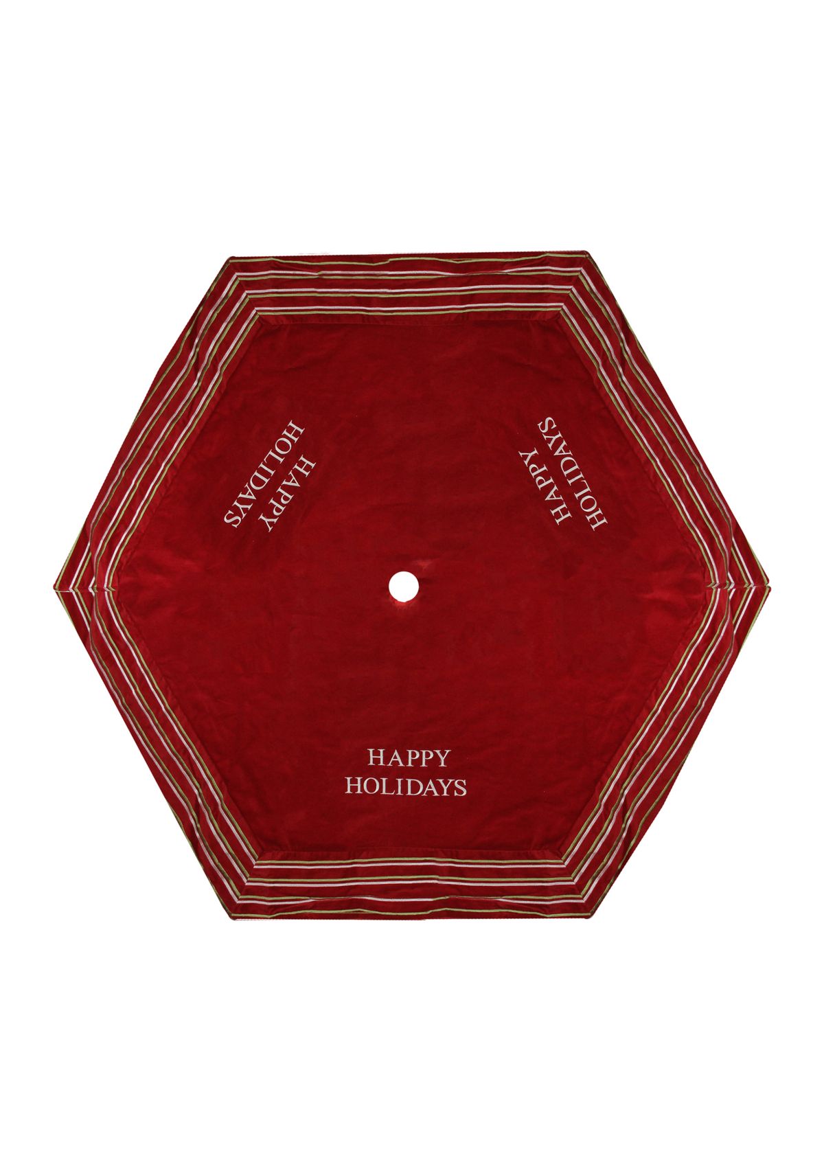 56" Red and White Happy Holidays Christmas Tree Skirt with Striped Trim