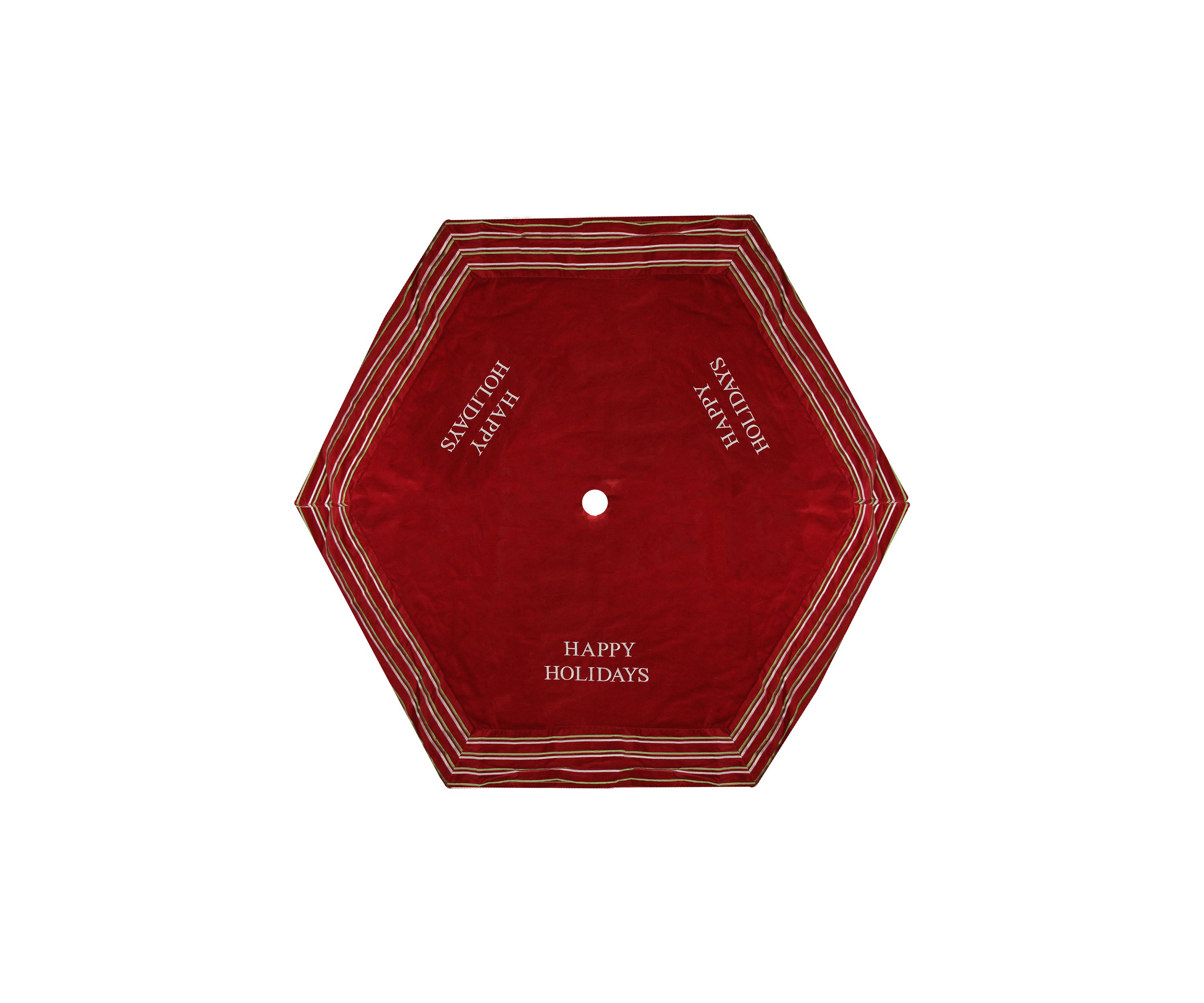 56" Red and White Happy Holidays Christmas Tree Skirt with Striped Trim