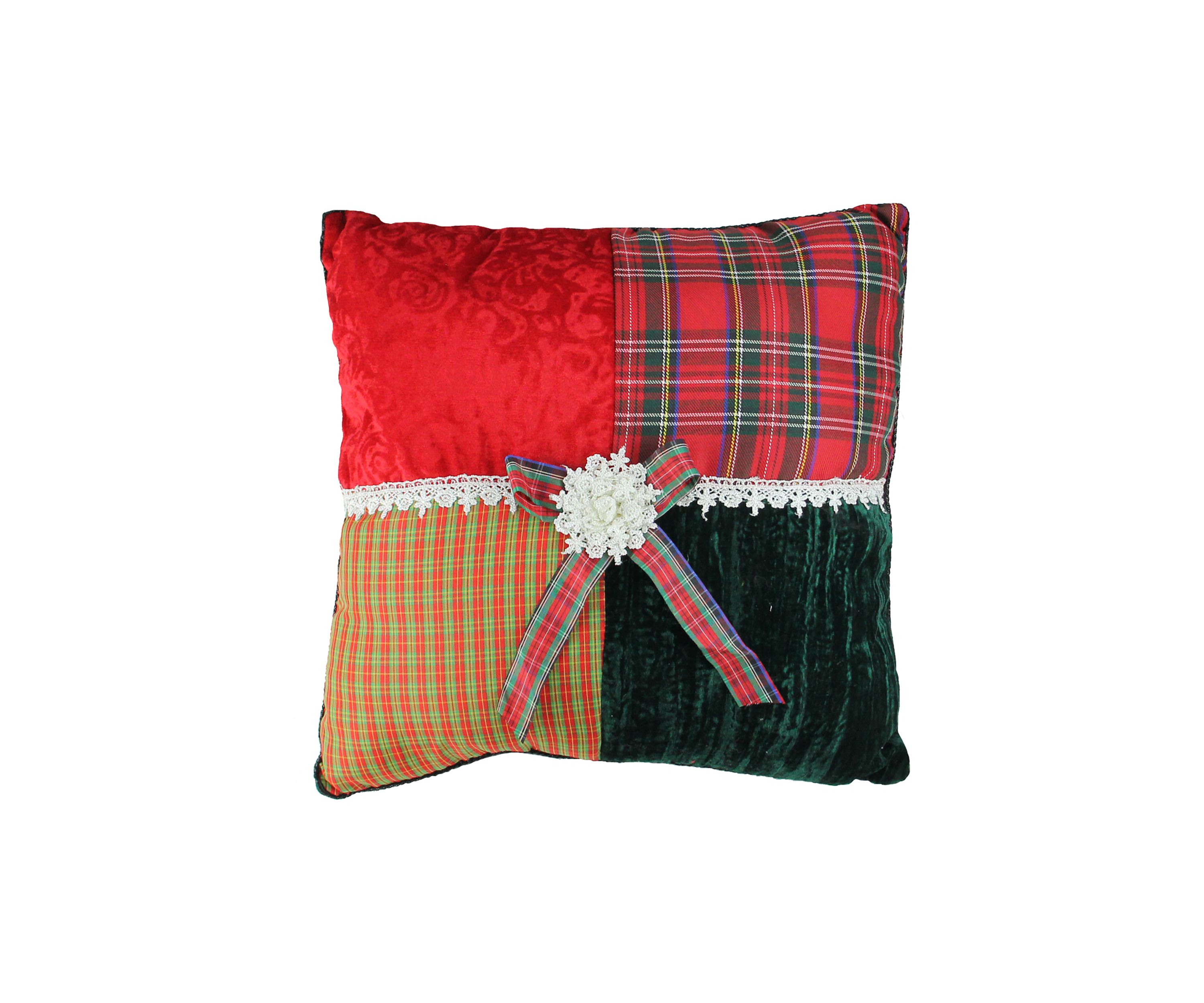 15.5Inch Red and Green Plaid Square Christmas Throw Pillow