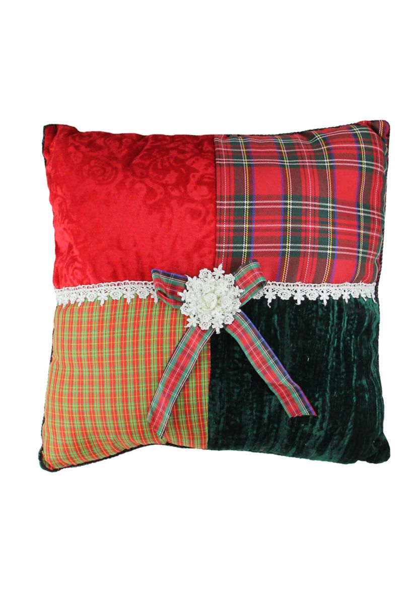 15.5Inch Red and Green Plaid Square Christmas Throw Pillow