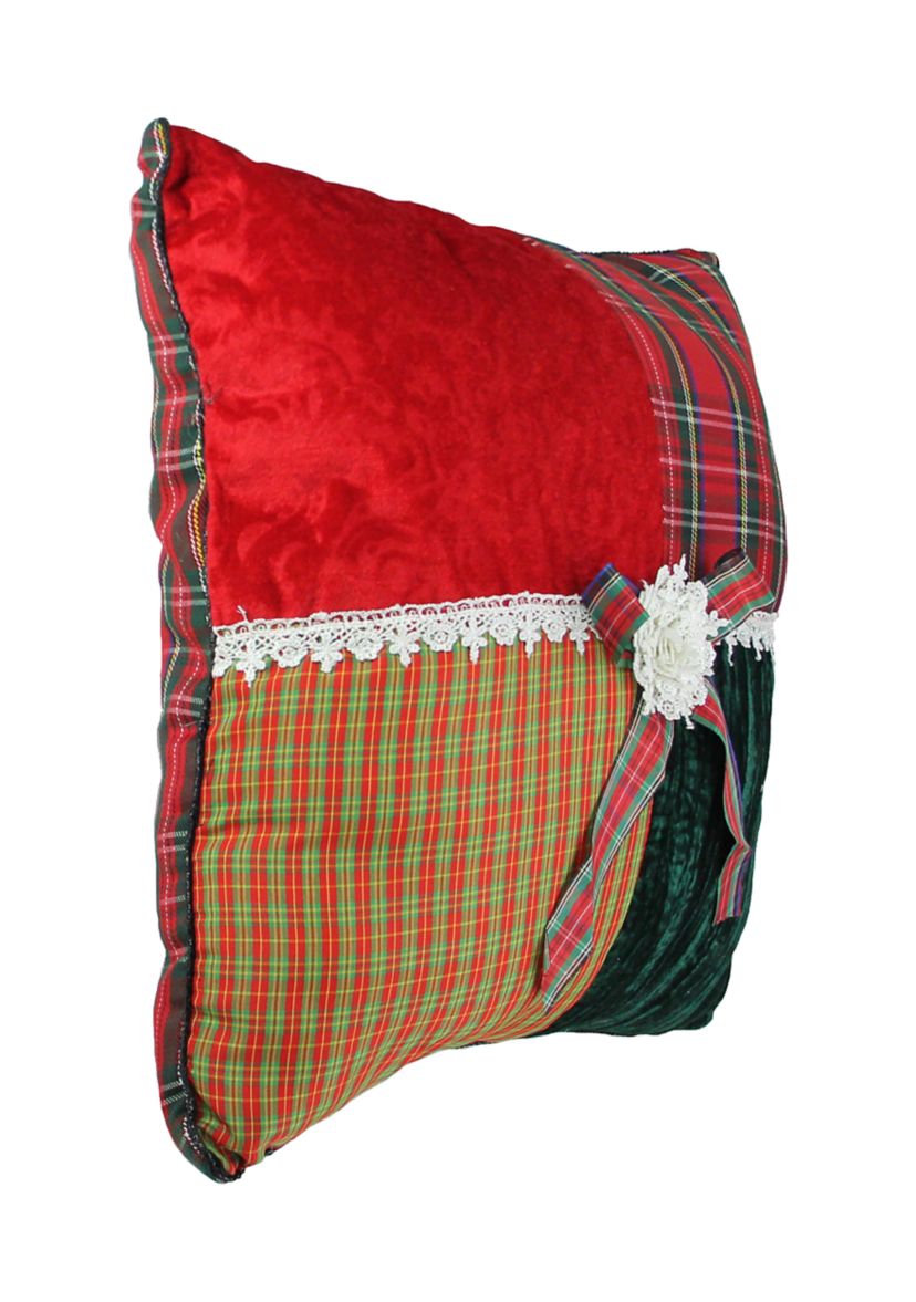 15.5Inch Red and Green Plaid Square Christmas Throw Pillow