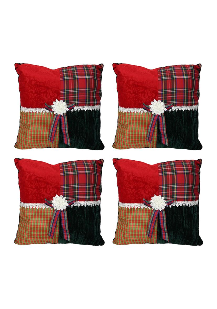 Set of 4 Square Textured Tartan Plaid Velvet Christmas Throw Pillows 15.5Inch