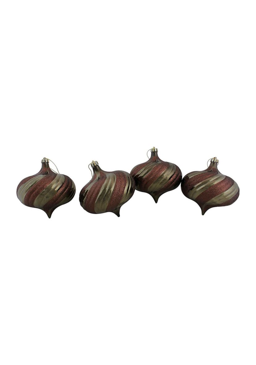 4 Count Mocha Brown Swirl Shatterproof 2-Finish Onion Drop Christmas Ornaments - 5.75"