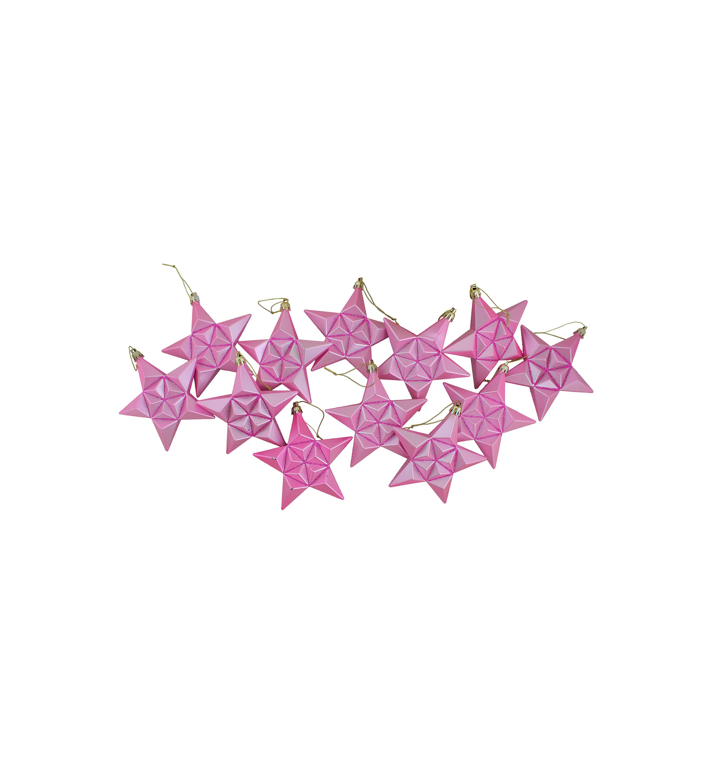 12 Count Pink Bubblegum Matte Glitter Star Shatterproof Christmas Ornaments - 5" 