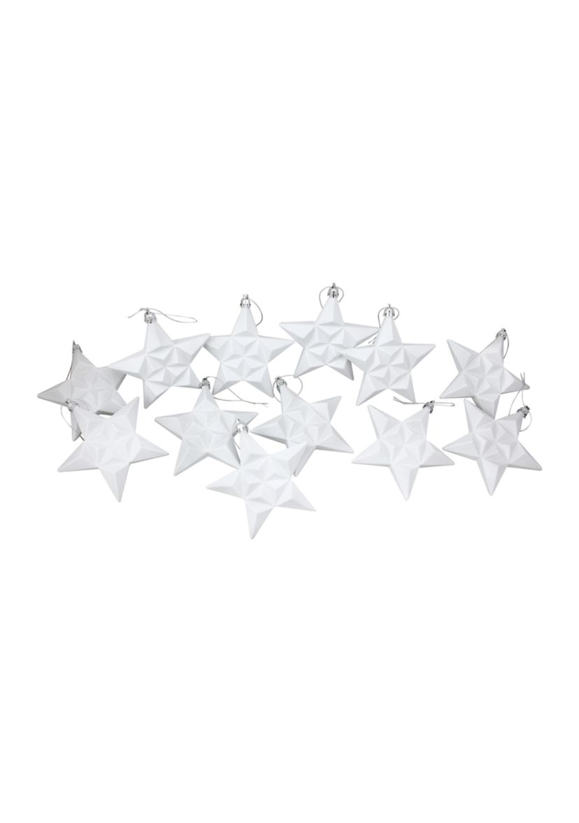 12 Count White Matte Finish Glittered Star Shatterproof Christmas Ornaments - 5" 