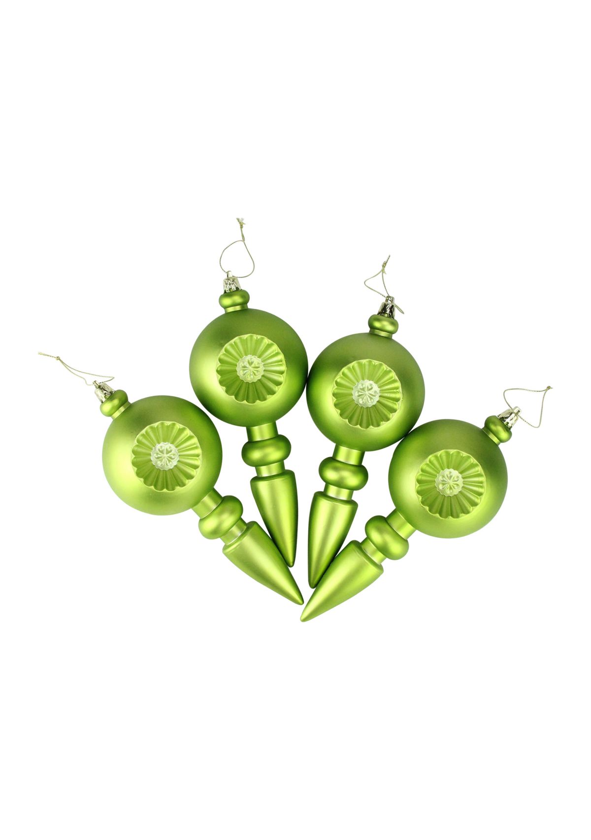 4 Count Matte Green Kiwi Retro Reflector Shatterproof 7.5" Christmas Finial Ornaments  