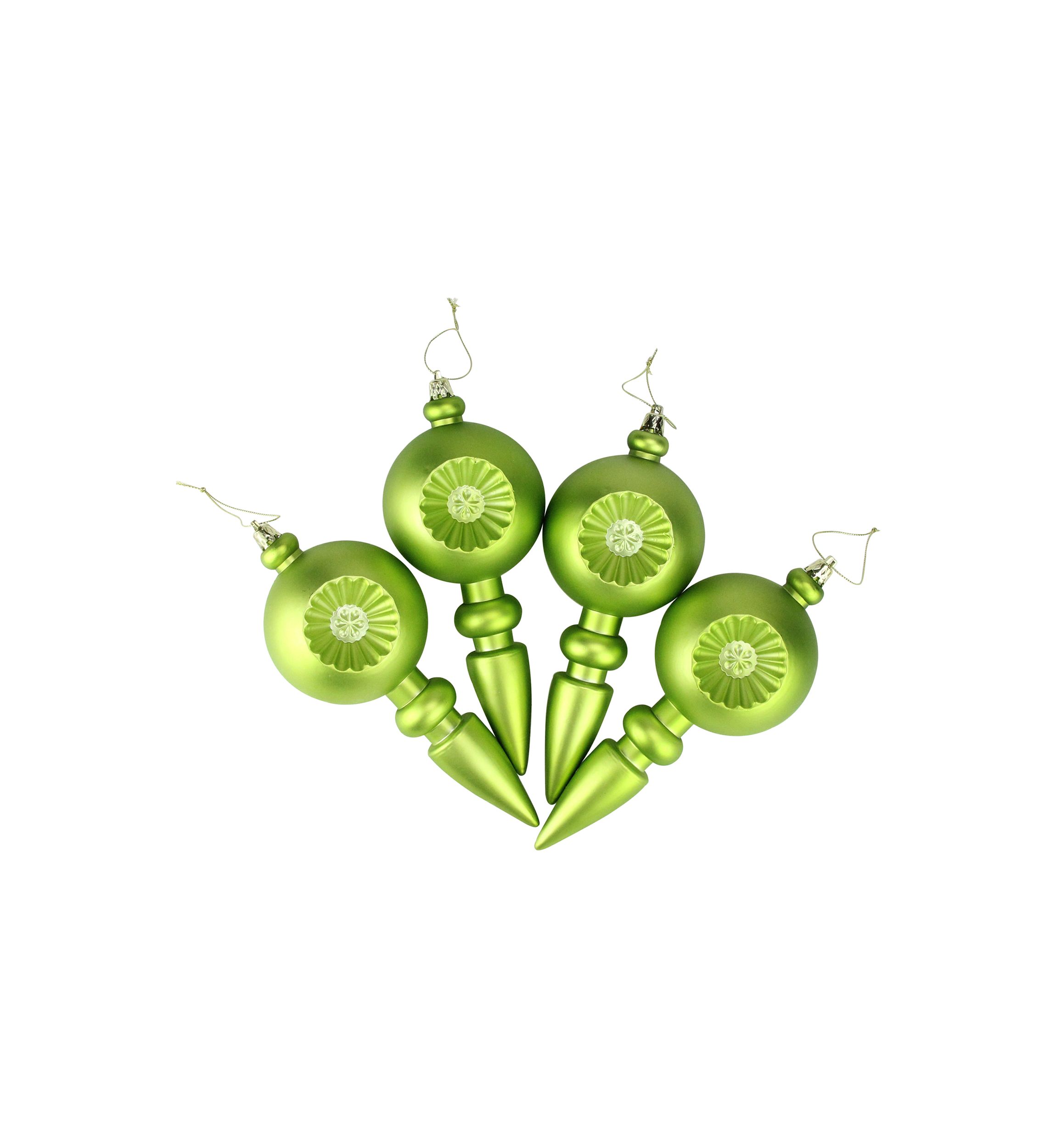 4 Count Matte Green Kiwi Retro Reflector Shatterproof 7.5" Christmas Finial Ornaments  