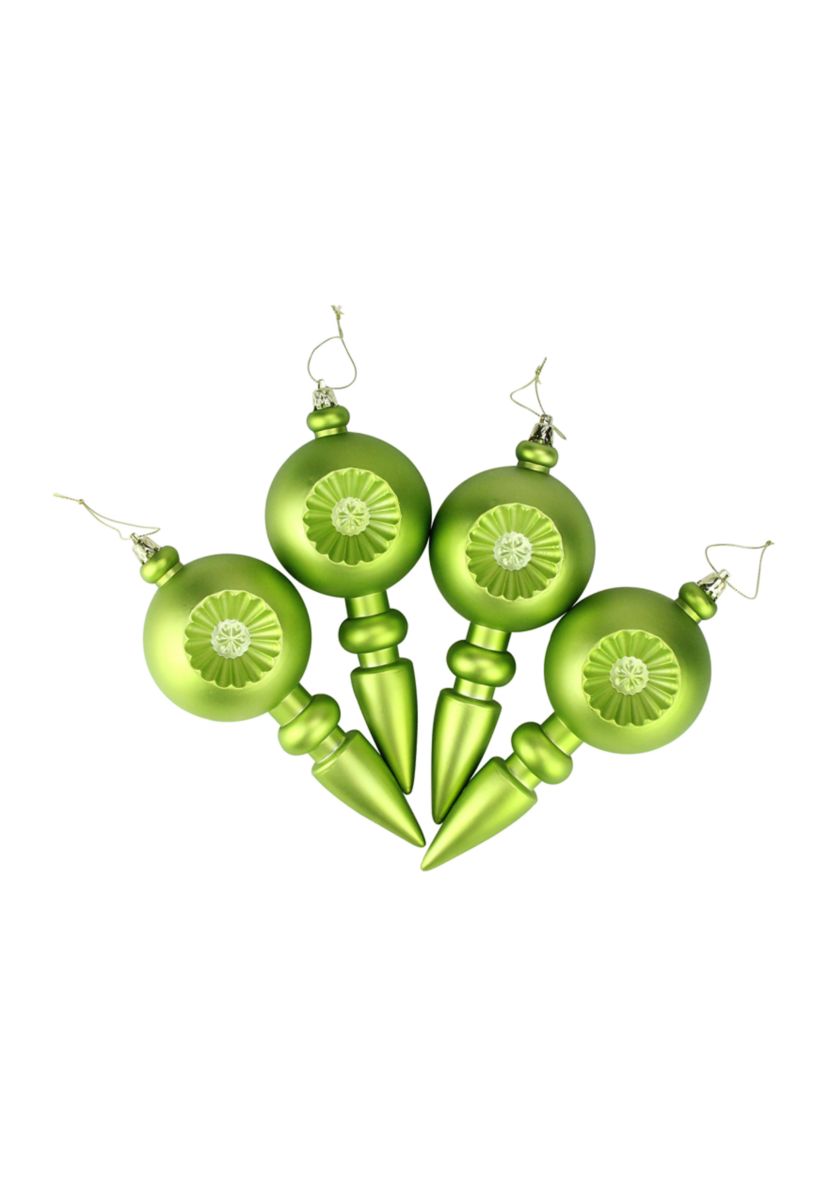 4 Count Matte Green Kiwi Retro Reflector Shatterproof 7.5" Christmas Finial Ornaments  